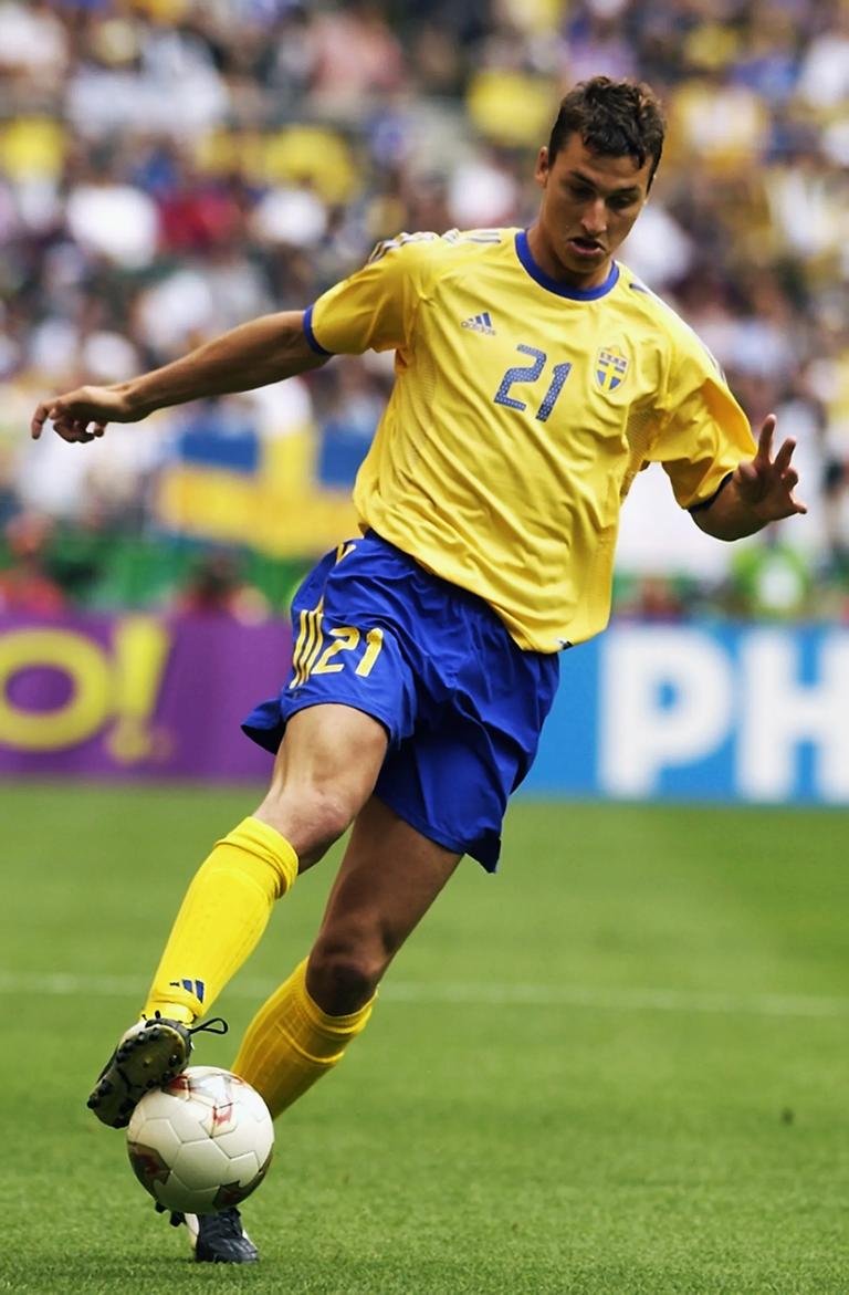 OITA - JUNE 16: Zlatan Ibrahimovic of Sweden runs with the ball during the FIFA World Cup Finals 2002 Second Round match between Sweden and Senegal played at the Oita Big Eye Stadium, in Oita, Japan on June 16, 2002. Senegal won the match 2-1 with a golden goal in extra-time. DIGITAL IMAGE. (Photo by Stu Forster/Getty Images)